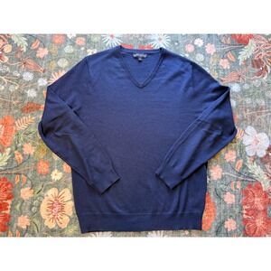 J.Crew Mercantile Mens Navy Blue Merino Wool Blend V-Neck Sweater J7072 Large